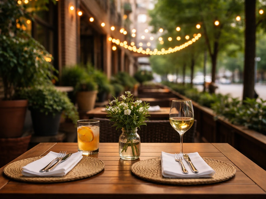 Outdoor patio dining in Knoxville-style setting with rustic wood and warm string lights