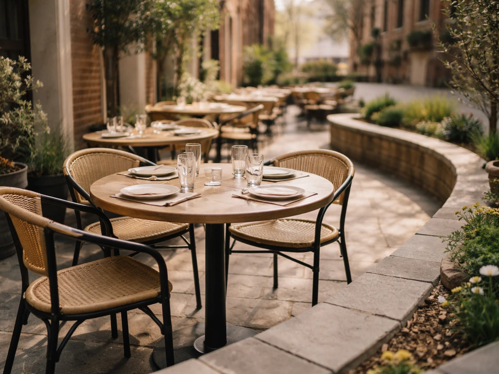 Wrap-around outdoor brunch patio with set tables and soft morning light in an Old City feel.