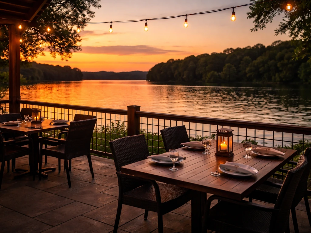 Golden-hour dinner patio overlooking Fort Loudon Lake with outdoor tables and warm sunset light.