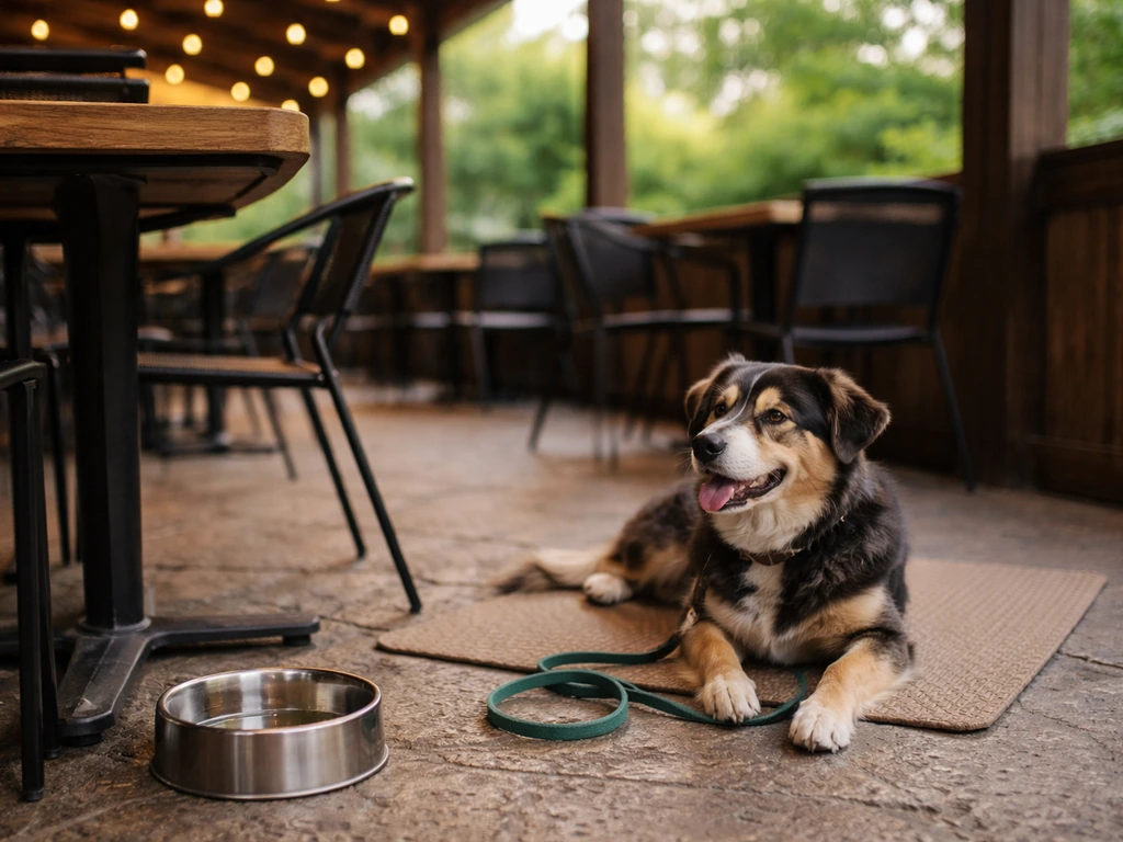Dog resting near a water bowl on a welcoming outdoor dining patio by a wooden table.