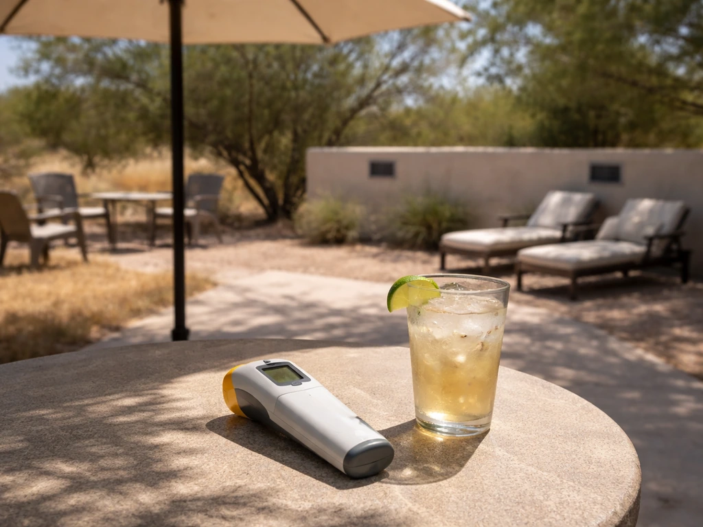 Minimal backyard patio scene with shade umbrella, outdoor seating, and a handheld thermometer near a cool drink.