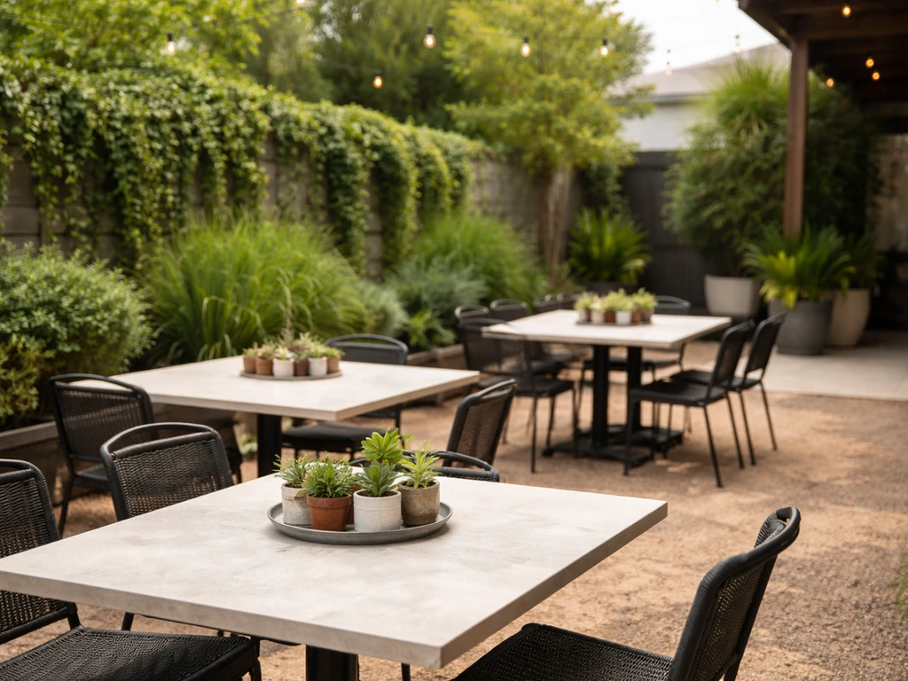Courtyard-style outdoor dining patio with distinctive greenery and comfortable seating near a garden entrance.