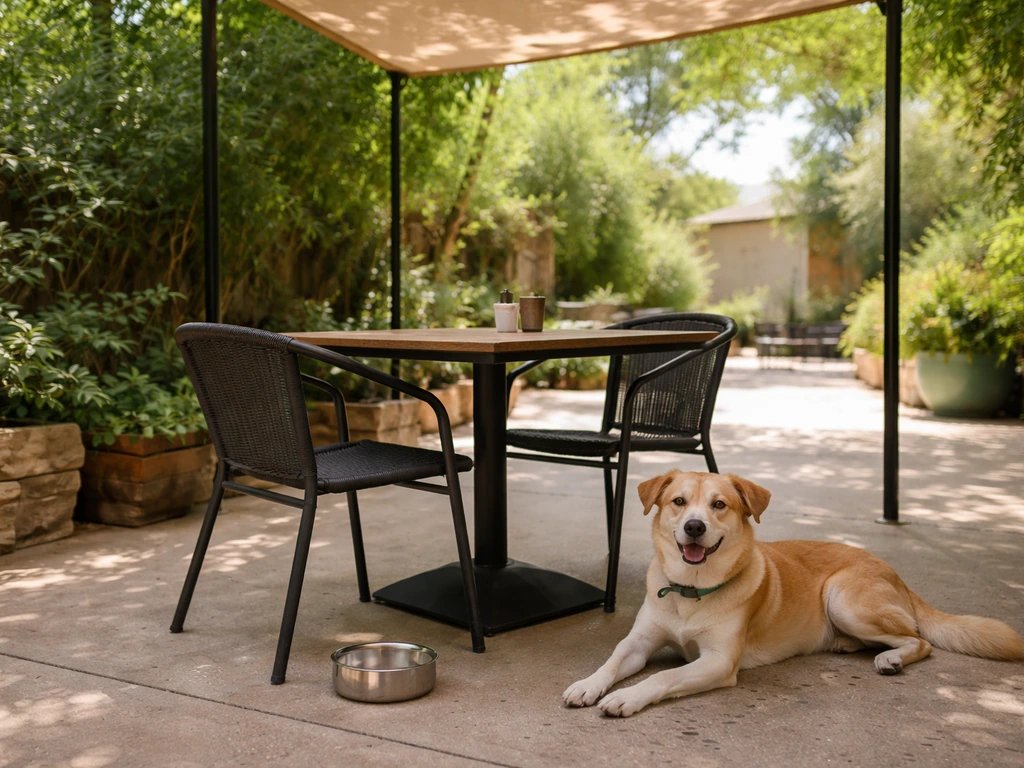 A dog resting on the patio near a shaded outdoor dining table at a dog-friendly garden restaurant.