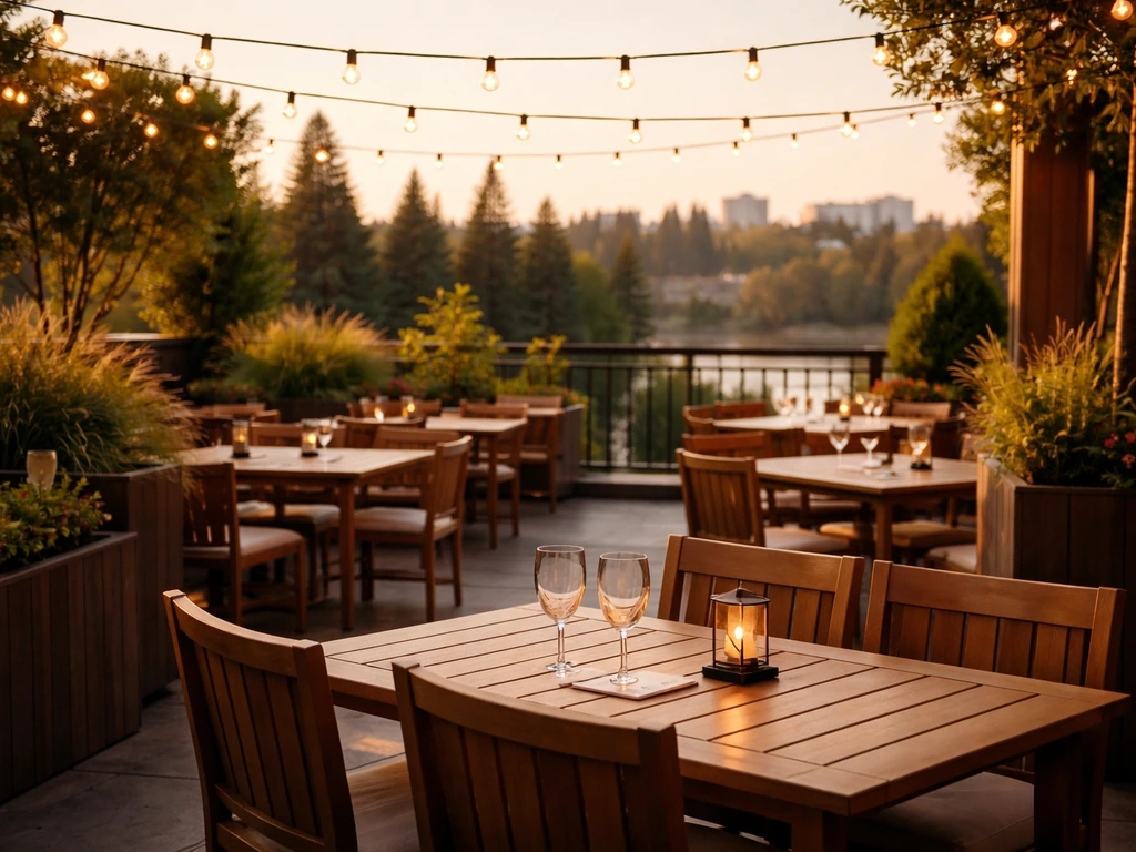 Inviting restaurant patio in Spokane with warm lights, greenery, and a hint of city skyline in the background.
