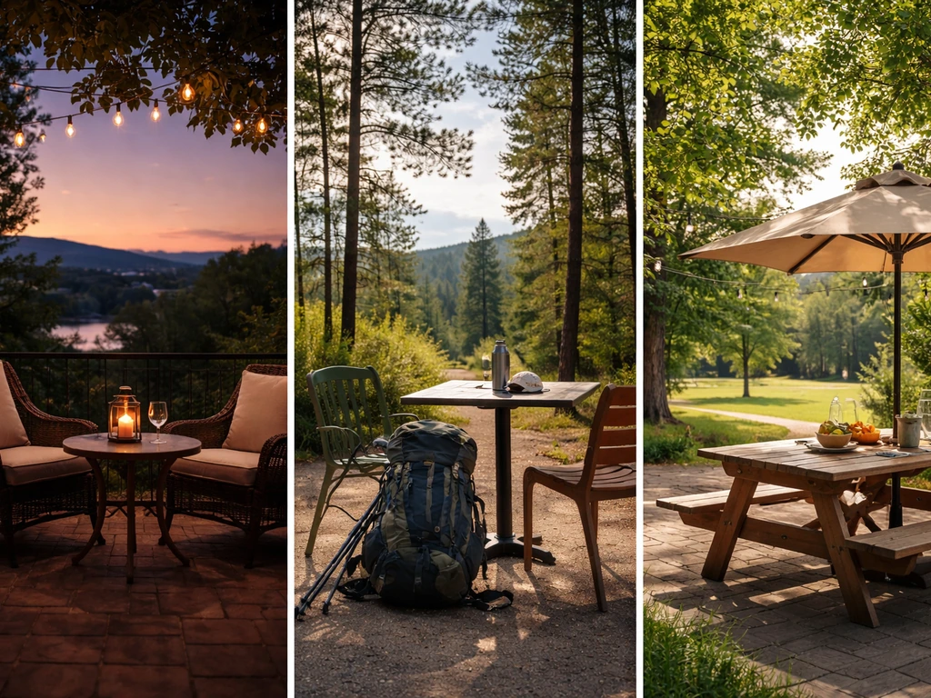 Minimal split-style photo of three Spokane patio vibes with river, park, and table silhouettes.