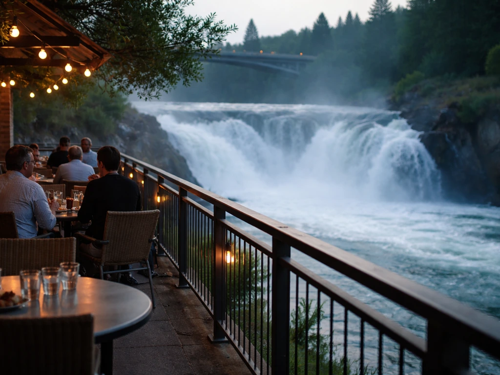 Dining patio deck beside Spokane Falls with diners facing the waterfall