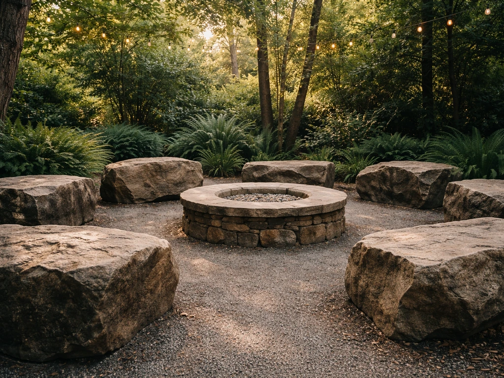 Outdoor No-Li Bier Garten with natural rock seating and surrounding greenery in Spokane