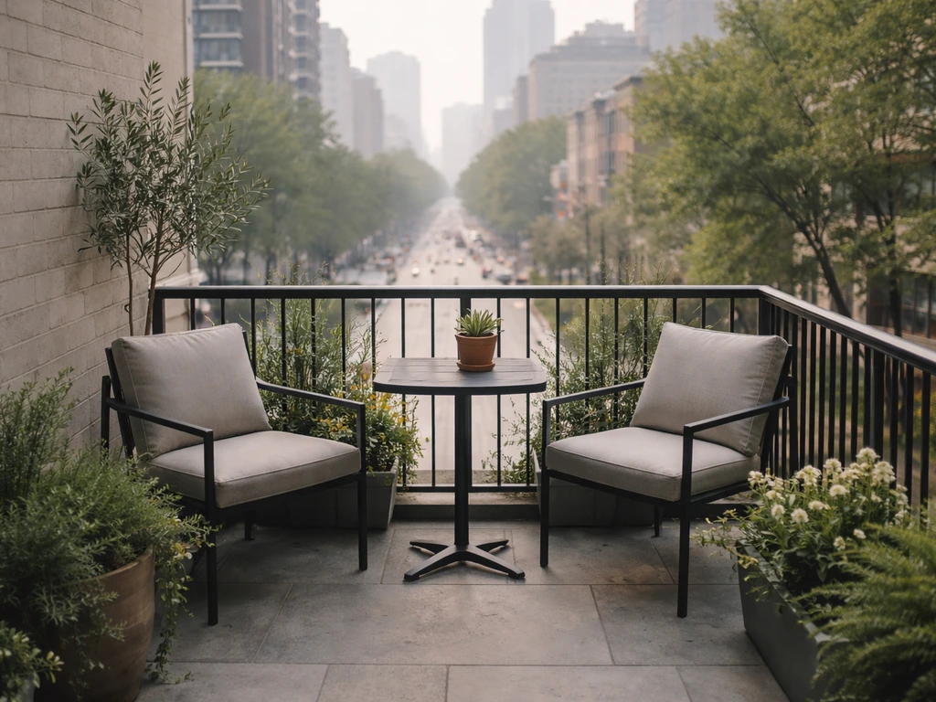 Elevated second-floor patio in Yorkville, Toronto, showing quiet street-side ambiance with railings and greenery.