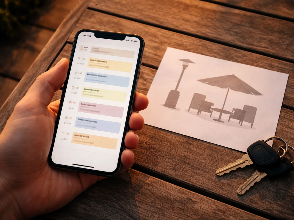 Overhead view of a hand checking a smartphone itinerary near patio heater icons for reservation timing
