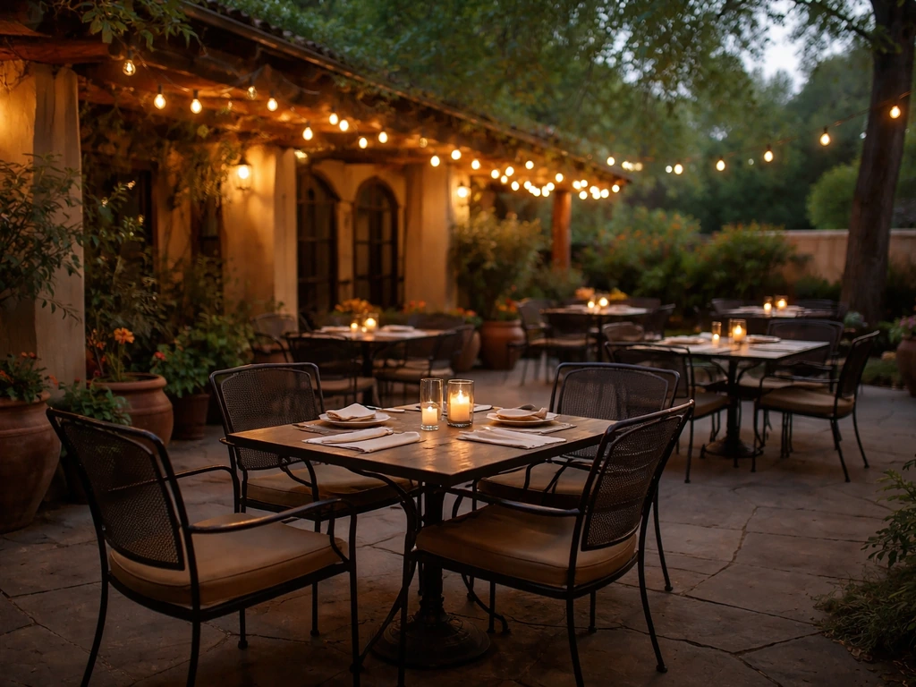 El Pinto-style North Valley patio with set tables, warm lights, and a relaxed Albuquerque restaurant ambiance.