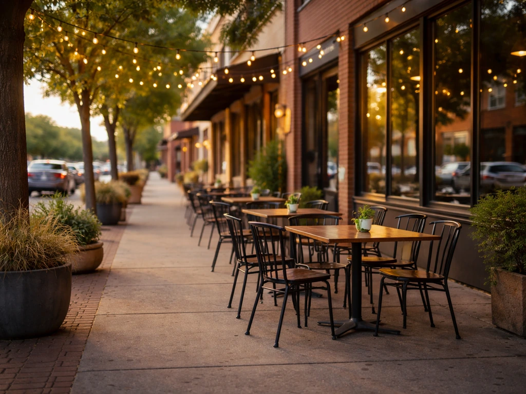 Empty patio tables along Central Avenue with surrounding storefronts in the Nob Hill/University area vibe.