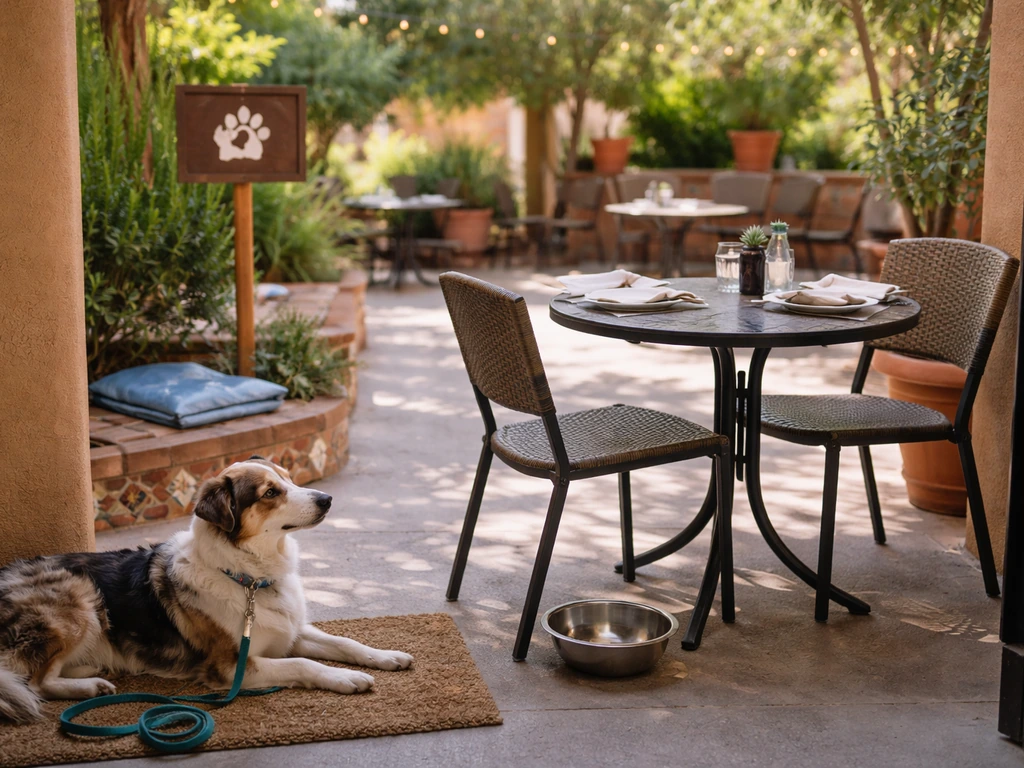 Calm dog relaxing beside a lunch table on a dog-friendly outdoor patio with water bowl and dog welcome signs.