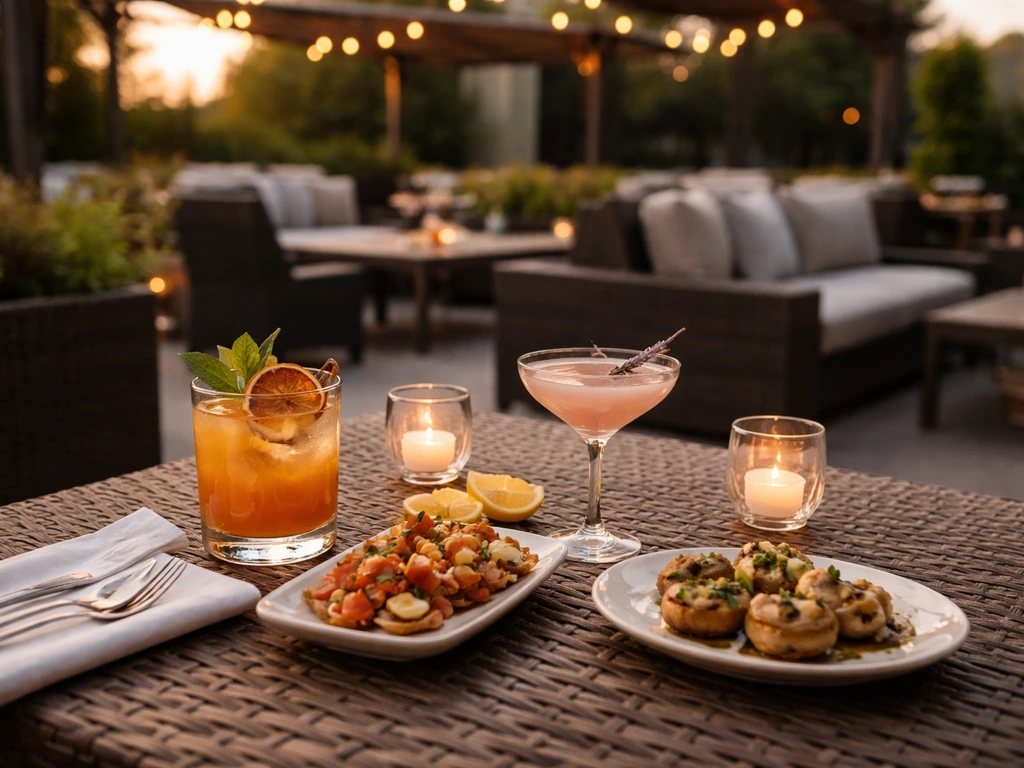 Cozy patio at Salt 88 in Omaha with warm sunset light and a table set with drinks and appetizers.