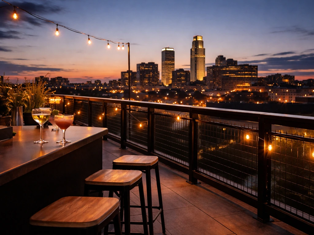 Scenic view from a rooftop patio bar overlooking Omaha skyline at dusk