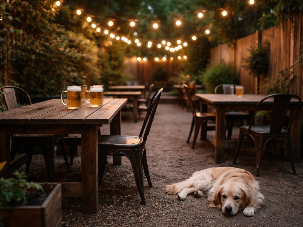 Cozy backyard-style beer garden patio with string lights, wooden tables, and a relaxed evening vibe