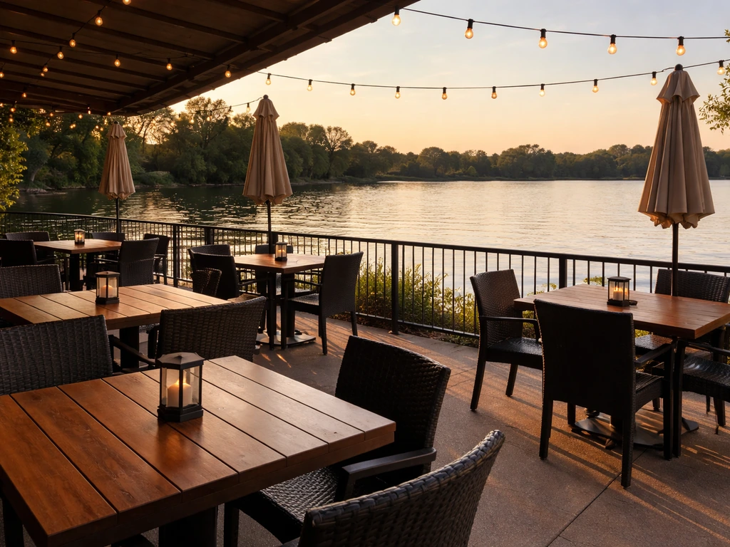 Relaxed lakeside patio dining at Charlie’s on the Lake with clear water views at sunset.