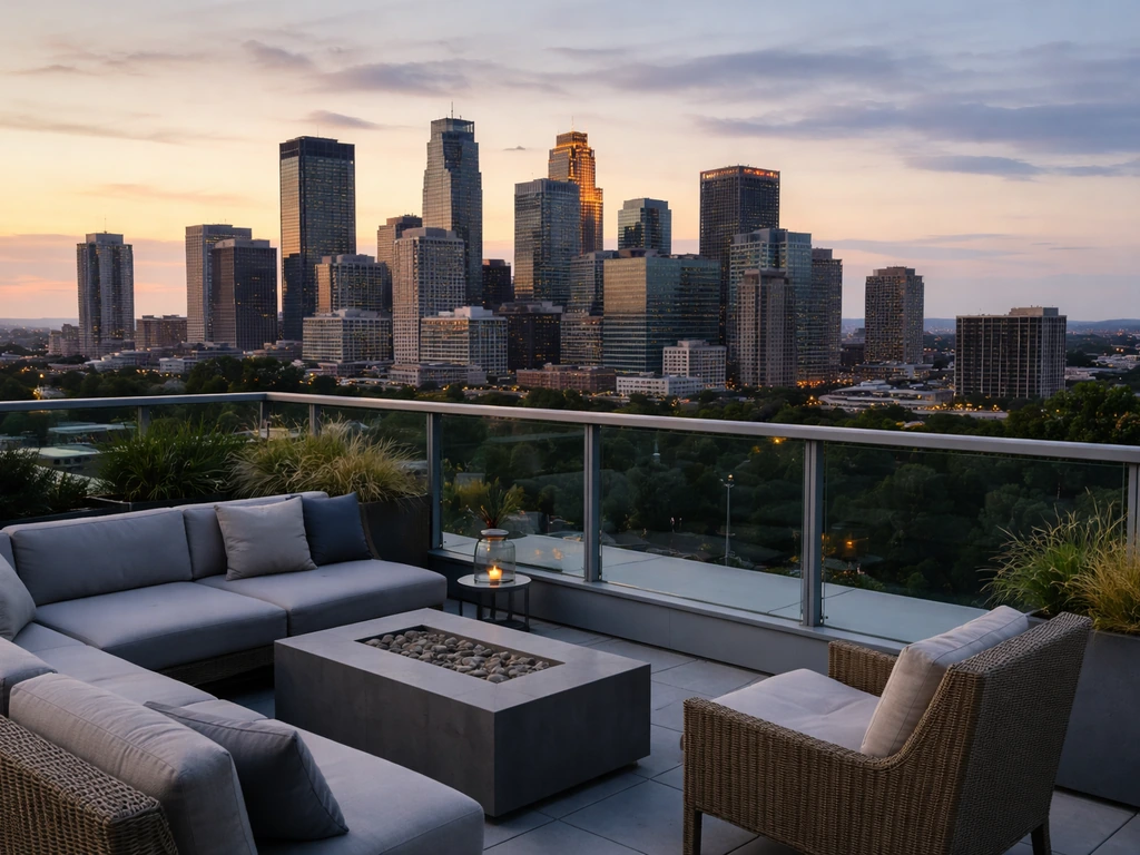 Elevated rooftop patio in Minneapolis with skyline views at golden hour, modern lounge seating and cityscape.