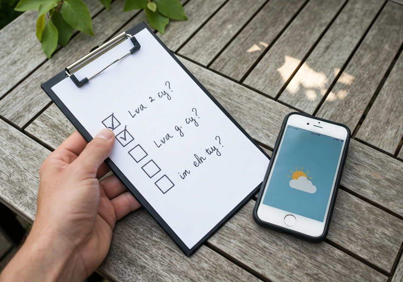 Anonymous hand points at a small checklist with blank boxes on an outdoor patio table near a weather phone icon.