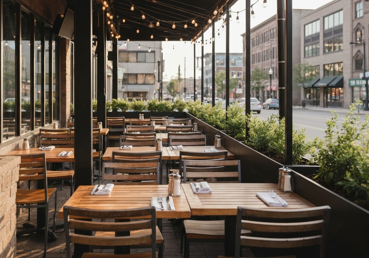 Tupelo Honey-style restaurant patio with warm outdoor seating set for a brunch-to-dinner vibe