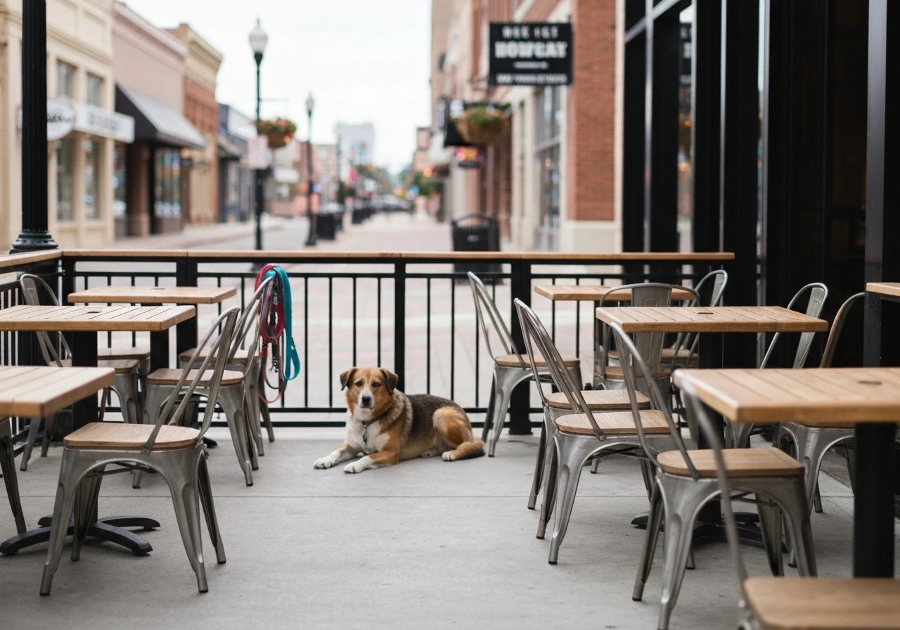 Dog resting on a downtown patio near HopCat-style outdoor seating in natural daylight