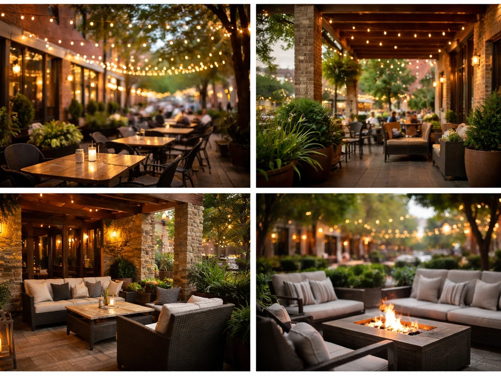 Collage of three inviting downtown patios in McKinney with warm lights, greenery, and outdoor seating.