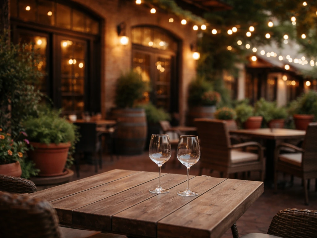 Quiet patio at Landon Winery in McKinney, TX with warm evening light and rustic wine-country ambiance.