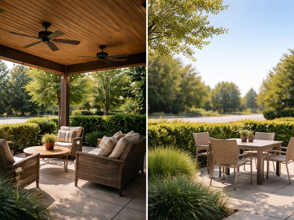 Split view of a shaded covered patio vs an open-air patio with comfortable seating and a quiet hedge buffer.