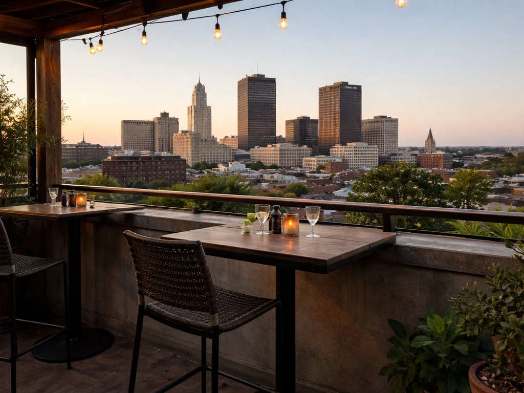 Rooftop patio overlooking a panoramic Akron downtown skyline at dusk, empty tables and city views.