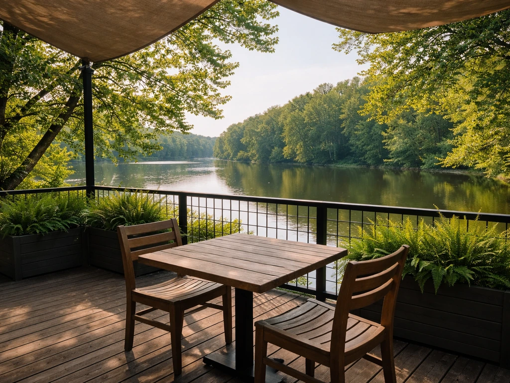 Quiet river-facing back patio with warm evening light and empty wooden tables