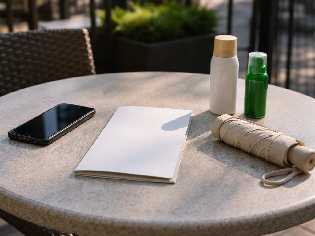 Minimal table setup with a smartphone, drink menu, umbrella, sunscreen, and bug spray for a patio visit check.