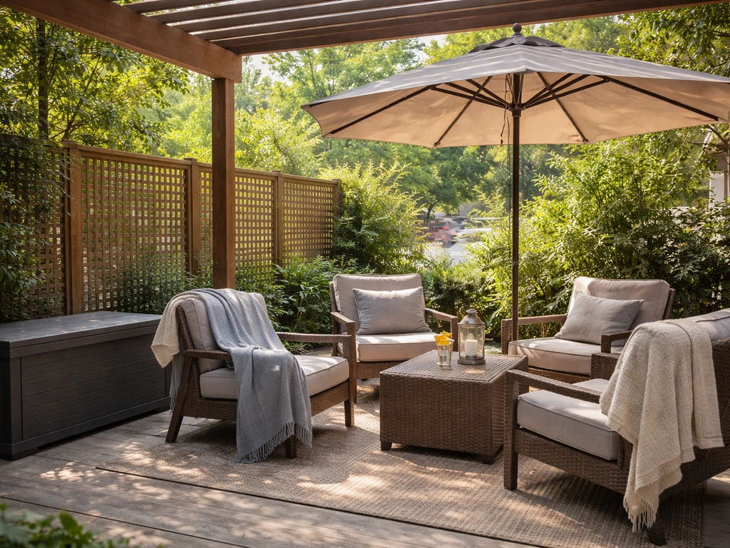 Cushioned patio chairs under pergola shade with umbrella coverage and privacy screen buffering street noise