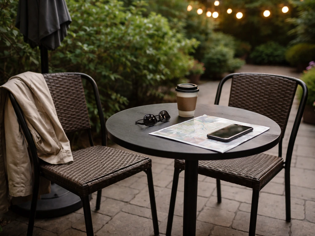 Minimal patio setup with jacket, umbrella, and a phone over a blurred map on a small table.