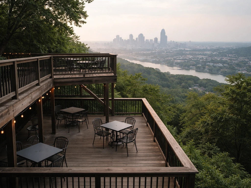 Two-level patio deck on Cincinnati hillside overlooking a sweeping city skyline
