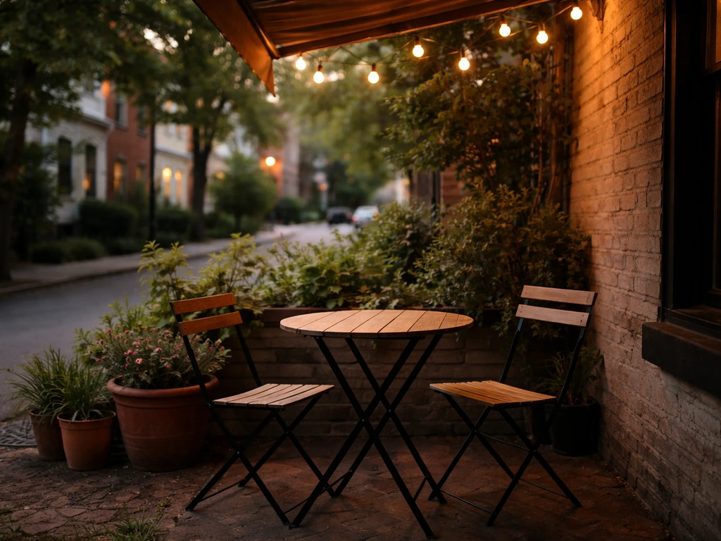 Empty cozy patio at Allyn’s Cafe in Columbia-Tusculum, Cincinnati, with plants and warm string lights.
