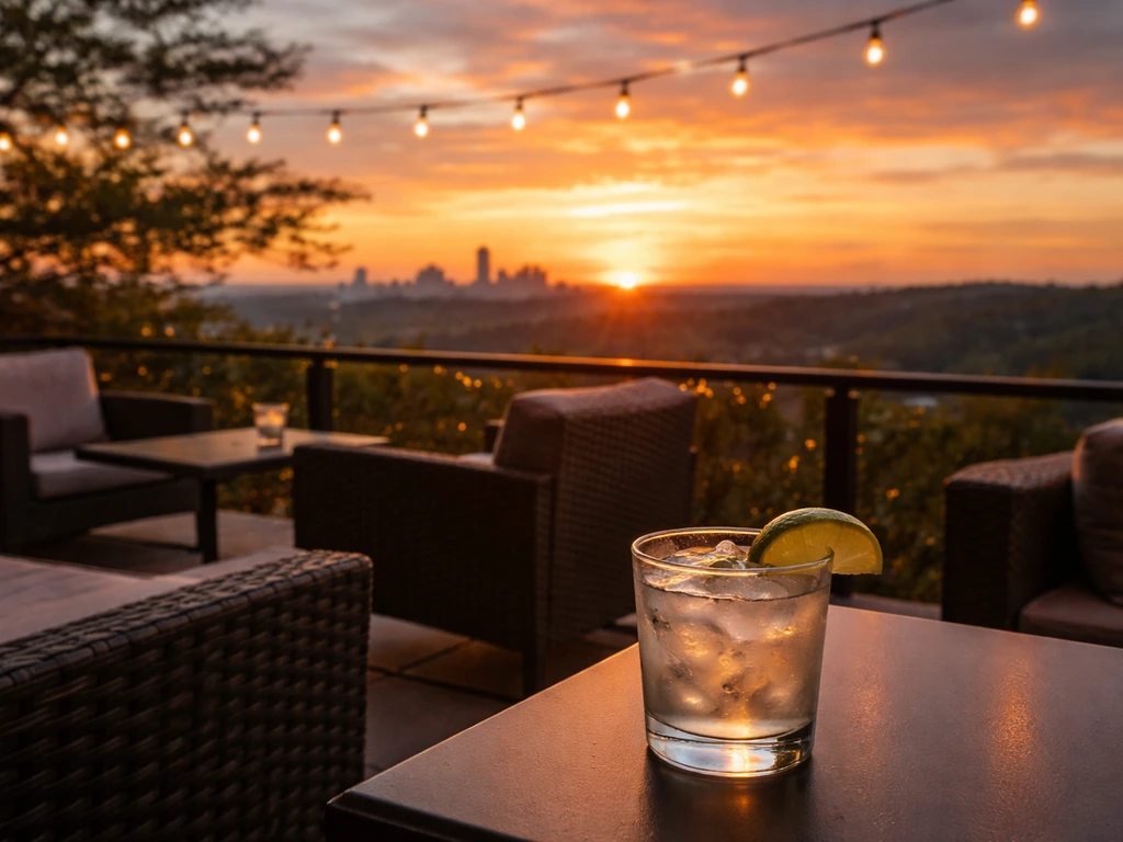 Golden-hour view from a quiet patio with a cocktail glass and sunset over hills and the city