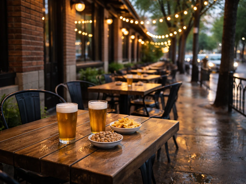 Empty brewery patio on Whyte Avenue in Old Strathcona with pint glasses and casual outdoor tables.
