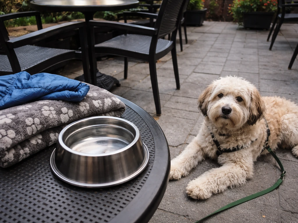 Fluffy dog resting on an Edmonton patio beside a small water bowl and cold-weather gear.