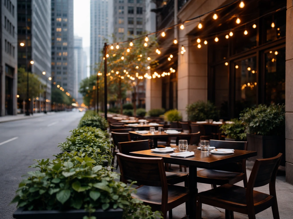 Minimal downtown Chicago street with a small outdoor patio dining area beside office buildings.