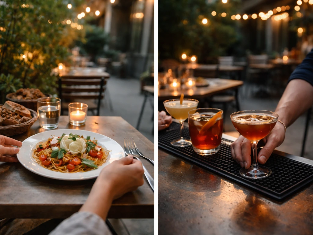 Split-style patio scene: casual restaurant meal on one side, cocktail-focused bar patio on the other.