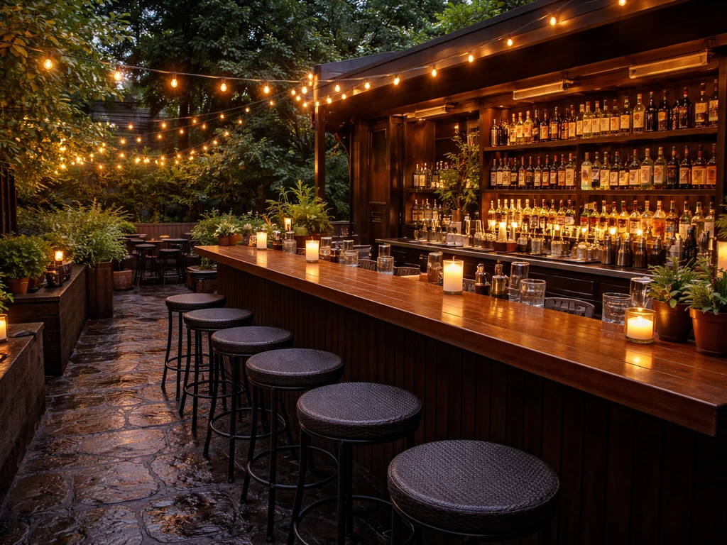Seattle cafe patio with an outdoor bar counter, stools, and string lights at twilight.
