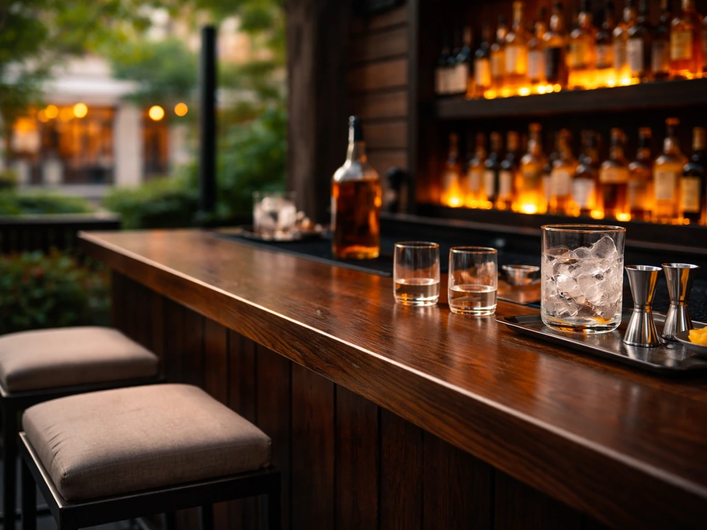 Radiator Whiskey Ballard patio bar with whiskey-focused setup and empty outdoor seating