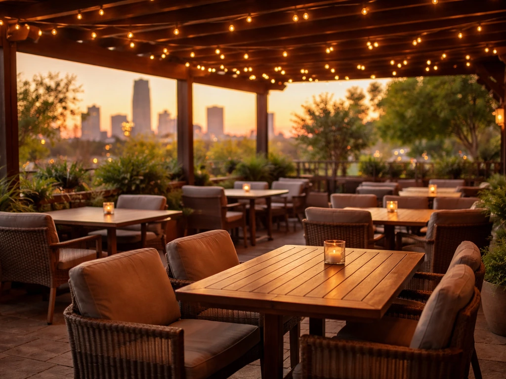 Sunset covered OKC patio with warm string lights, tables, chairs, and a softly blurred skyline.