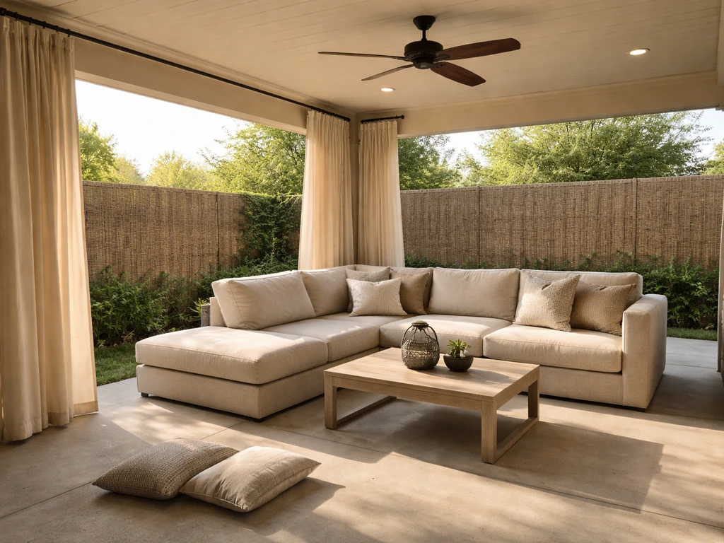 Covered patio with seating, ceiling fan for shade, and privacy screening suggesting comfort and quieter noise.