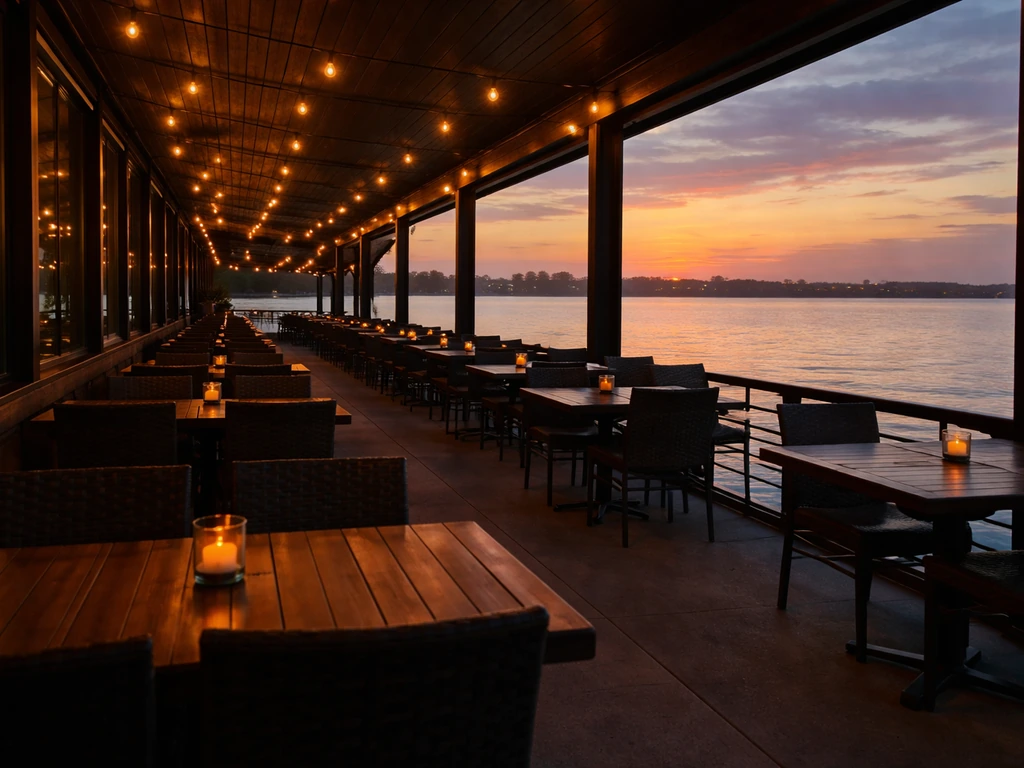 Expansive covered patio at Redrock Canyon Grill overlooking Lake Hefner at sunset