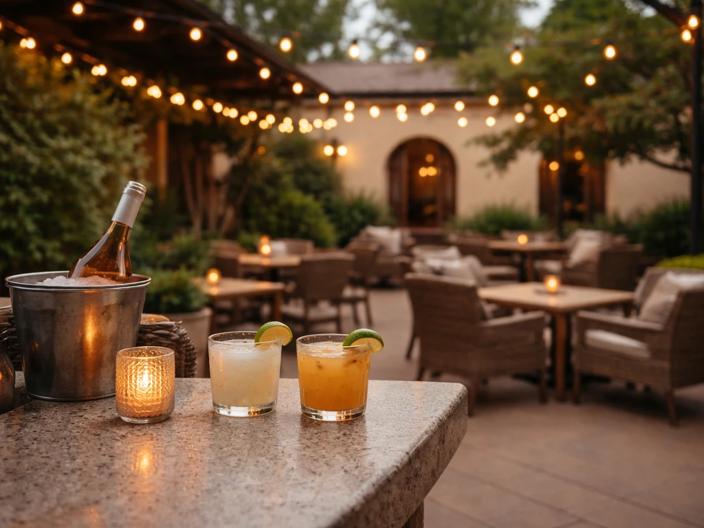 Relaxed outdoor patio at Barrios OKC with casual seating and drinks at a low-lit bar
