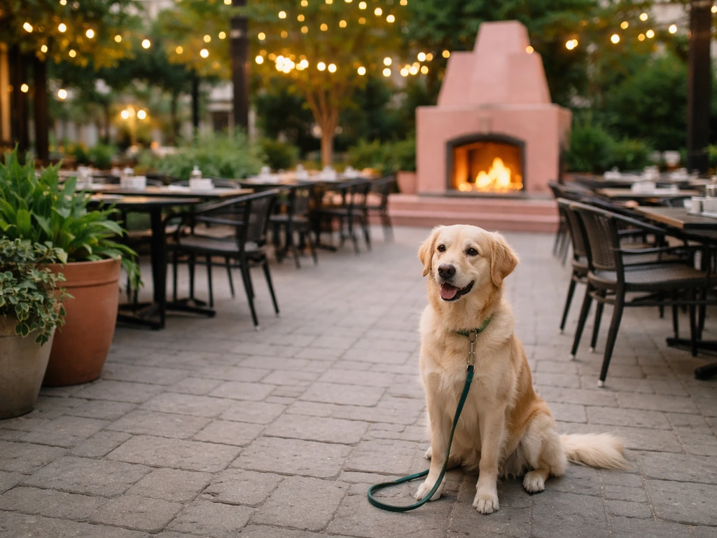 Dog-friendly patio at Barrios OKC with an outdoor fire feature and a leashed dog relaxing on the patio