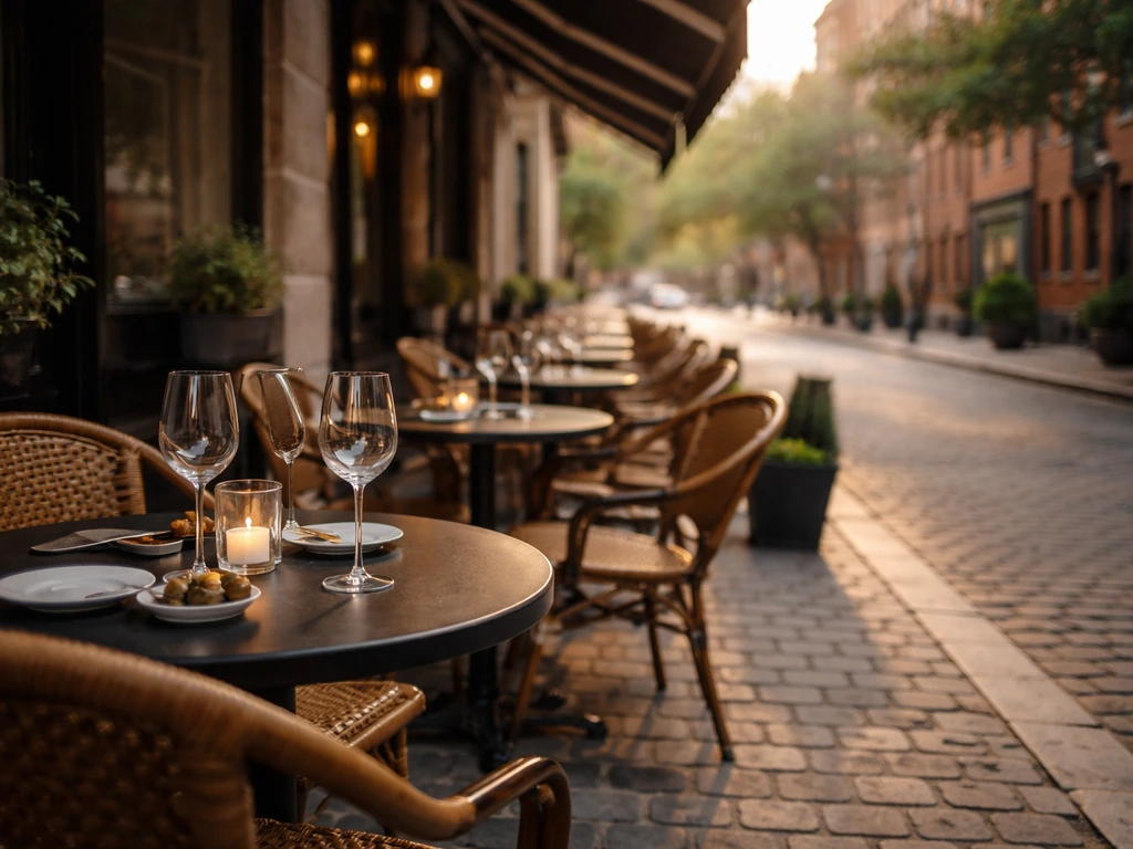 Angled view of a partially shaded bar patio on a Beacon Hill-style street with tables and glassware.