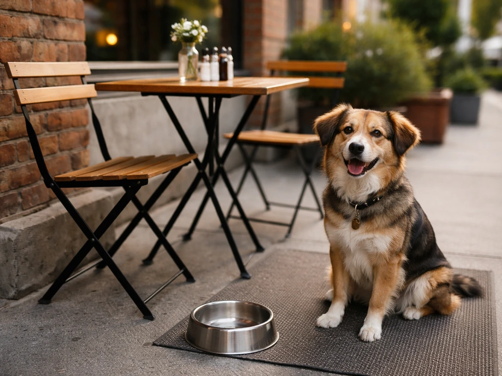 A relaxed dog-friendly patio table with a water bowl and a seated dog in natural light.