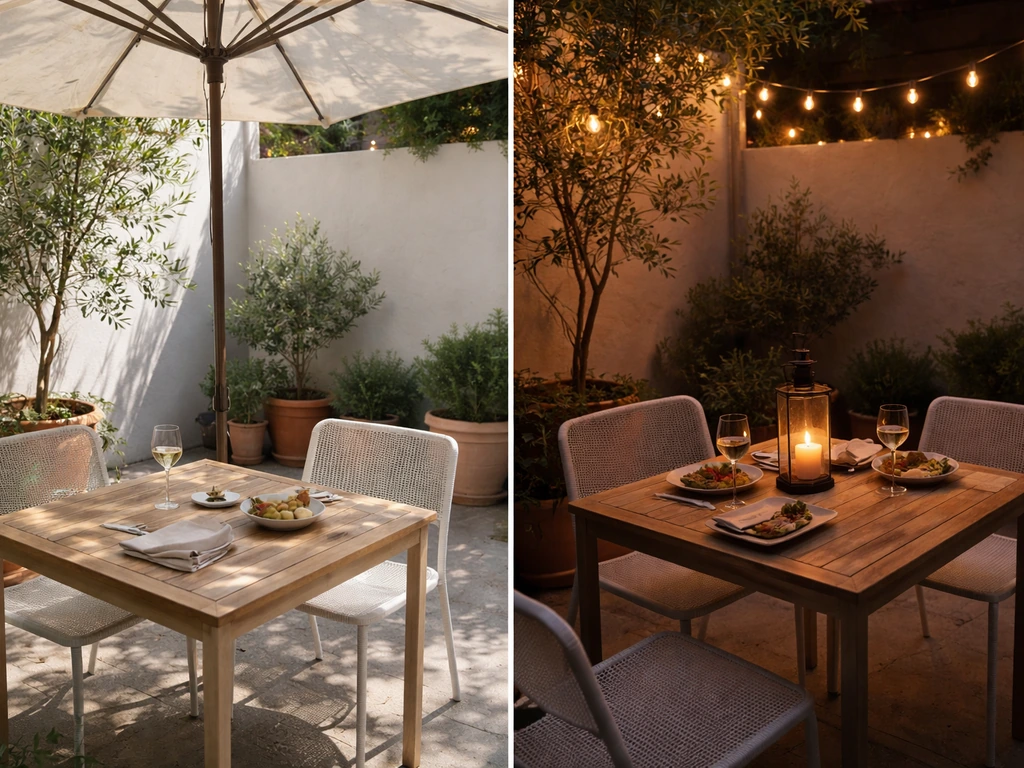 Split patio scene showing bright lunch shade on one side and warm dinner lighting on the other.