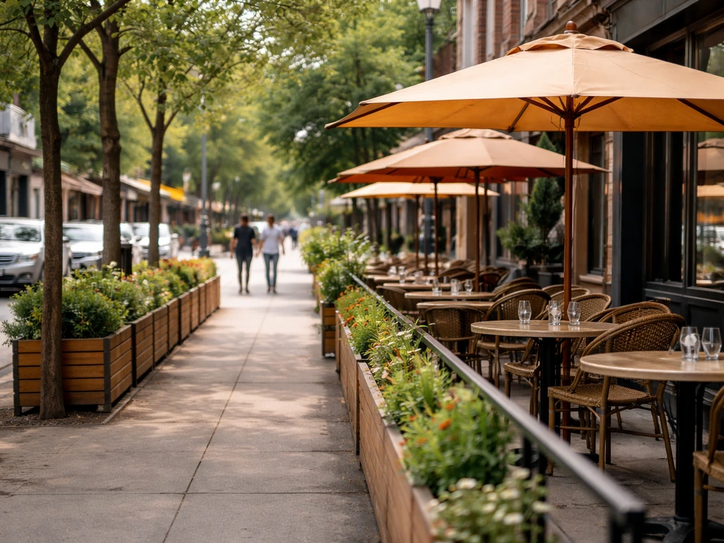 Daytime view of Ossington Avenue patio strip with small sidewalk patios and a calm street corridor